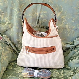 Simply Noelle Beige Stripe Criss Cross Canvas Crescent Shape Shoulder Bag NEW - Picture 1 of 15