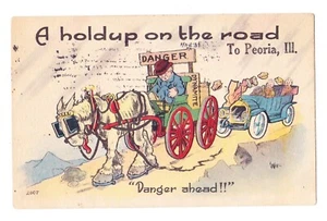 1910 Comedy Comic Postcard Drawing Horsebuggy Dynamite Automobile Peoria, ILL - Picture 1 of 2