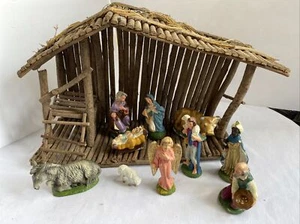 Presepe vintage 11 pezzi rustico in legno presepe mangiatoia stalla 16"x6"x10"Natale - Foto 1 di 8