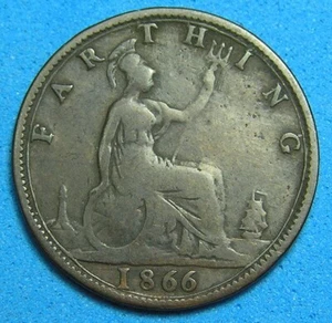 UK Great Britain Farthing Bronze Coin 1866 Victoria, Free S/H after 1st Item - Picture 1 of 2