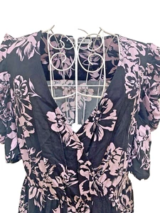 Just Jeans Dress Womens Size 12 - Pink Black Floral Linen Pockets Tiered V Neck - Picture 1 of 12