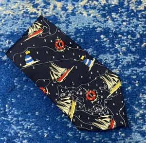 Vintage Chaps Ralph Lauren Navy Blue Red Yellow Nautical Boats Anchors Necktie - Picture 1 of 4