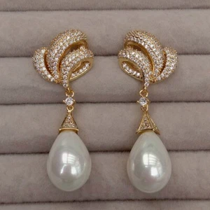 Pendientes de gota de tachuelas pavimentados en oro perla Sea Shell regalos - Imagen 1 de 6