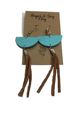 Women’s Blue Turquoise Boho Clay & Leather Dangle Earrings Harper & Grey (A)37 - Image 1 of 4