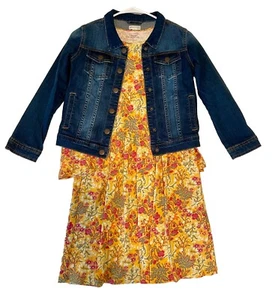 Garnet Hill Cotton Yellow Floral Dress And Embroidered Jean Jacket Girls Size L - Picture 1 of 7