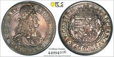 1668, Austria, Emperor Leopold I. Rare Silver Thaler Coin. Hall mint! PCGS AU55!