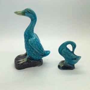Antique Chinese Hand Painted Turquoise Blue Duck Figurines Set of 2 - Picture 1 of 10