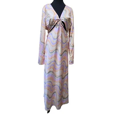 Maxi Vestido Topshop Multicolor Corte Satén Manga Larga Estampado Ondulado Retro Talla 14 Foto 1 de 4