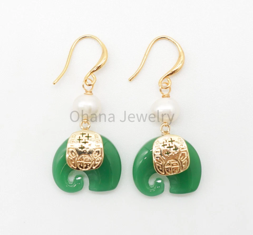 Natural Green Jade Freshwater Pearl Dangling Drop Earrings - Elephant - Imagem 1 de 1