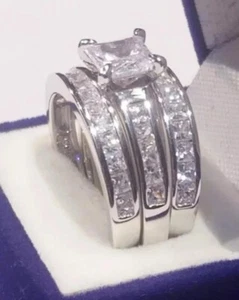 3.50Ct Princess Cut Moissanite Wedding Trio Set Ring 14K White Gold Plated - Picture 1 of 11