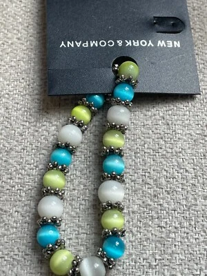 NEW YORK & COMPANY BLUE WHITE & GREEN ROUND BEADS STONE STRETCH BRACELET NEW - Image 1 of 2