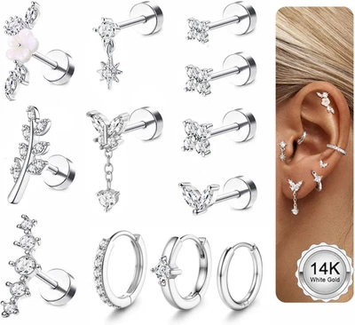 12 Pcs Piercing Orecchio Acciaio Chirurgico Argento Oro Piercing Helix Trago Ore - Immagine 1 di 4