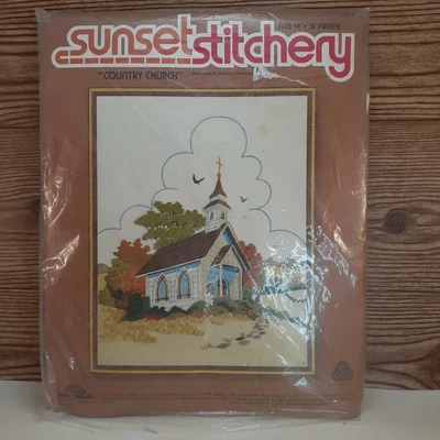 Vintage Sunset Stitchery Country Church Crewel Embroidery Kit 2479 Open Package  - Image 1 of 4