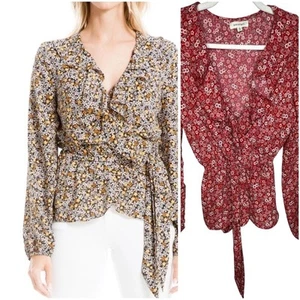 Max Studio Women's Blouse SZ S Wrap Ruffle Front Peplum Ditzy Floral Burgundy - Picture 1 of 15