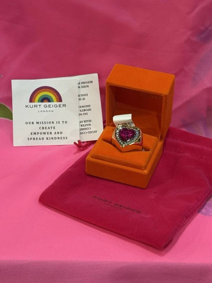 Kurt Geiger London Halo Heart PINK Crystal Cocktail Ring Size 7 New - Image 1 of 2