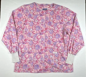 Crest Womens Scrub Top Medium Pink Floral Flowers Snap Button Front Long Sleeve - Picture 1 of 6