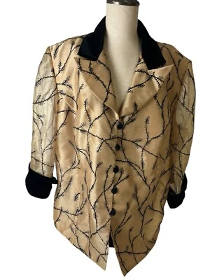 ALEX Evenings Women’s Size 3X Gold Sheer Jacket BlackVelvet Trim / Buttons - Image 1 of 4