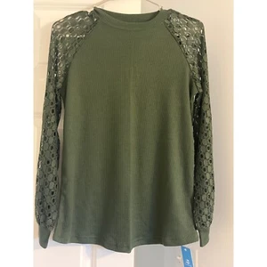 Olive Green Tunic Top Crochet Sleeve Long Sleeve XS - Picture 1 of 2