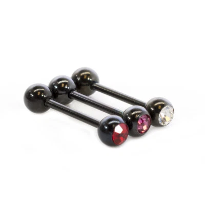 Tongue Barbell package of 3 Black IP Barbells with CZ Stone 14g - Image 1 of 4