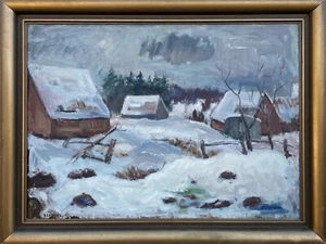 GUNNAR EKDAHL 1907-1995 GROSSE WINTERLANDSCHAFT HÄUSER SCHNEE SCHWEDEN 102X77CM - Picture 1 of 12