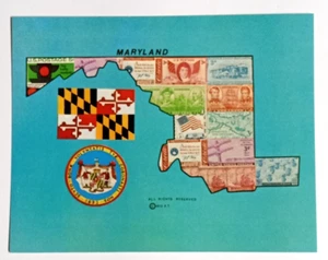 Maryland Commemorative Postage Stamp Map Postcard 1972 w/ MD State Flag & Seal - Picture 1 of 2