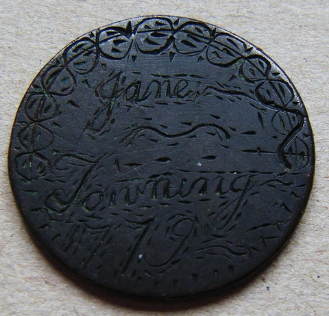 Love token, George II halfpenny decoratively engraved with 'Jane Towning 1779' Cover