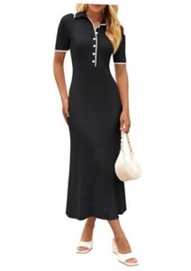 Women's V Neck Ribbed Knit Maxi Dress Button Short Sleeve Slim Fit Small Black - Picture 1 of 7