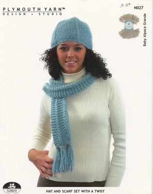 Plymouth Yarn Knitting Pattern N027 Baby Alpaca Grande Hat & Scarf Set w/a Twist - Image 1 of 2