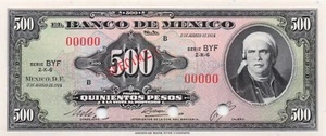 Mexico 500 Pesos Specimen 02.08.1974 Series BYF Uncirculated Banknote - Picture 1 of 2