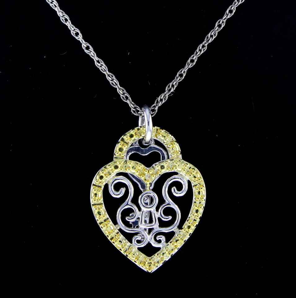 Collar Colgante Llave Corazón Amarillo Diamante Real Chapado en Oro Blanco 14K Esterlg 18" Foto 1 de 4