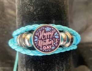 Mother’s Day Blue Braided Leather Bracelet Adjustable Size Mummy Love Pendant - Foto 1 di 4