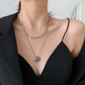 Set de collares de moda en metal plateado con colgante anillo - Imagen 1 de 4