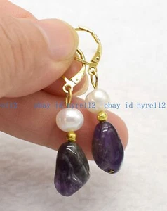 Fashion Jewelry 8-10mm Amethyst Irregular Gemstone White Pearl Earrings Pretty - Picture 1 of 6