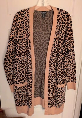 Nicole Miller Leopard Open Front Beige/Black Knit Cardigan Sweater Sz MED Womens - Image 1 of 4