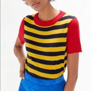 Urban Outfitters Leya Yellow Black Red Striped Short Sleeve Sweater XS - Picture 1 of 5