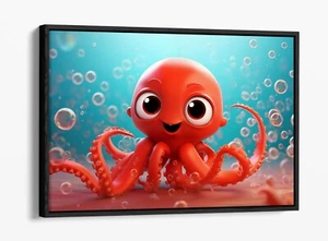CUTE RED OCTOPUS WITH BUBBLES -FLOAT EFFECT FRAMED CANVAS WALL ART PRINT - Picture 1 of 12