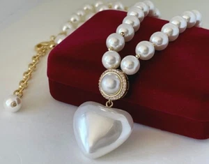 Luxus Braut Herz Perlen Halskette Collier Zirkonia  14K Gelbdold vergoldet - Bild 1 von 9