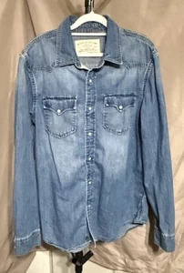 Camicia uomo American Eagle denim bottoni a pressione blu medio tasche western - Foto 1 di 6
