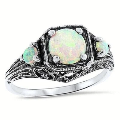 DECO ANTIQUE STYLE 3 STONE 925 STERLING SILVER LAB-CREATED OPAL RING       1062X - Image 1 of 4