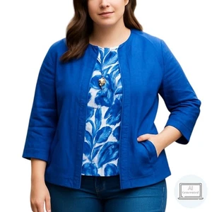 Chico's Womens Moden Linen Jacket Cobalt Blue Zip Front 3/4 Sleeve Sizes 2 | L - Picture 1 of 15