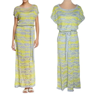 NUEVO SIN ETIQUETAS VÉRTIGO Maxi Vestido Tejido Transparente Talla L Gris Amarillo Cinturón Playa Verano Malla - Imagen 1 de 12