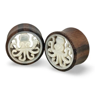 Pair of Sono Wood Mother of Pearl Octopus Tunnels gauges organic plugs - Image 1 of 4