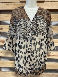 Pineapple Moon Animal Print Sheer Button Down Shirt Woman's Size L KG JD - Picture 1 of 16