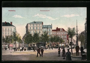 Hamburg-Neustadt, Ansichtskarte, Grossneumarkt mit Passanten und Strassenbahn - Picture 1 of 2