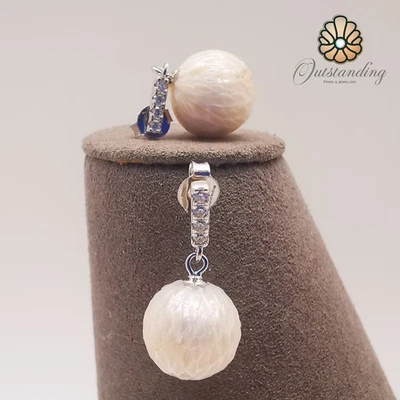 Real 0.5CT 5mm Moissanite Japan Master Carved Pearl Earrings Hallmark PT950 - Image 1 of 4