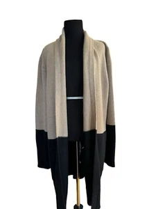 White + Warren Cardigan Merino Wool Blend Long  Sweater Jacket Sz L Brown Black - Picture 1 of 20