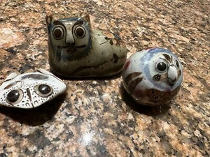 Vintage Ken Edwards Tonala Pottery Owl Cat Frog Hand  Painted Set Of 3 - Picture 1 of 12