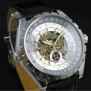 Reloj de pulsera de lujo esqueleto clásico correa de cuero automático mecánico transparente - Imagen 1 de 8