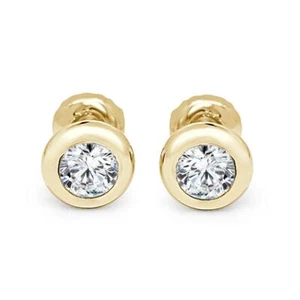 Donut Bezel Set Solitaire Stud Earrings SI1 J 0.62 Ct Round Diamond Yellow Gold - Picture 1 of 6