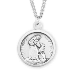 Large Sterling Silver St Francis of Assisi Pray for Us Medal Pendant Necklace - Picture 1 of 3